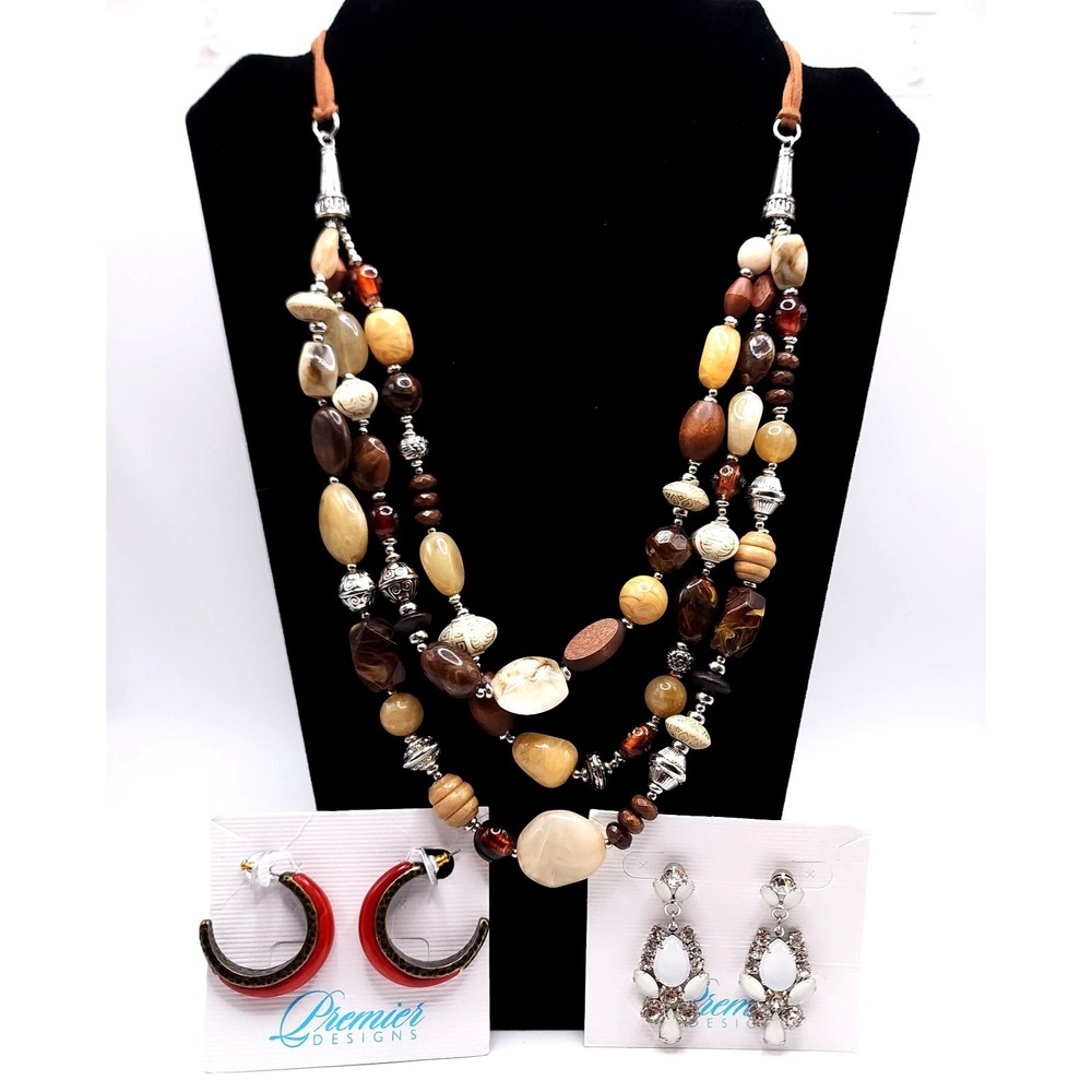 Premier Designs Jewelry Lot Necklace Earrings Signed 3 Pc Boho Bundle
